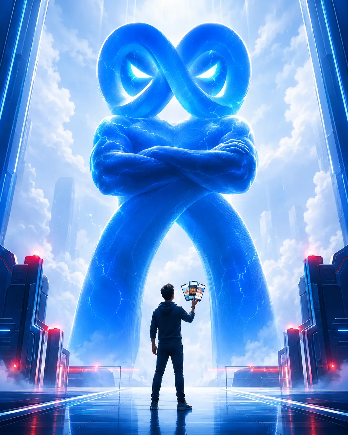 A Meta representada como um gigante que decide quem vende, diante de um anunciante pequeno segurando criativos